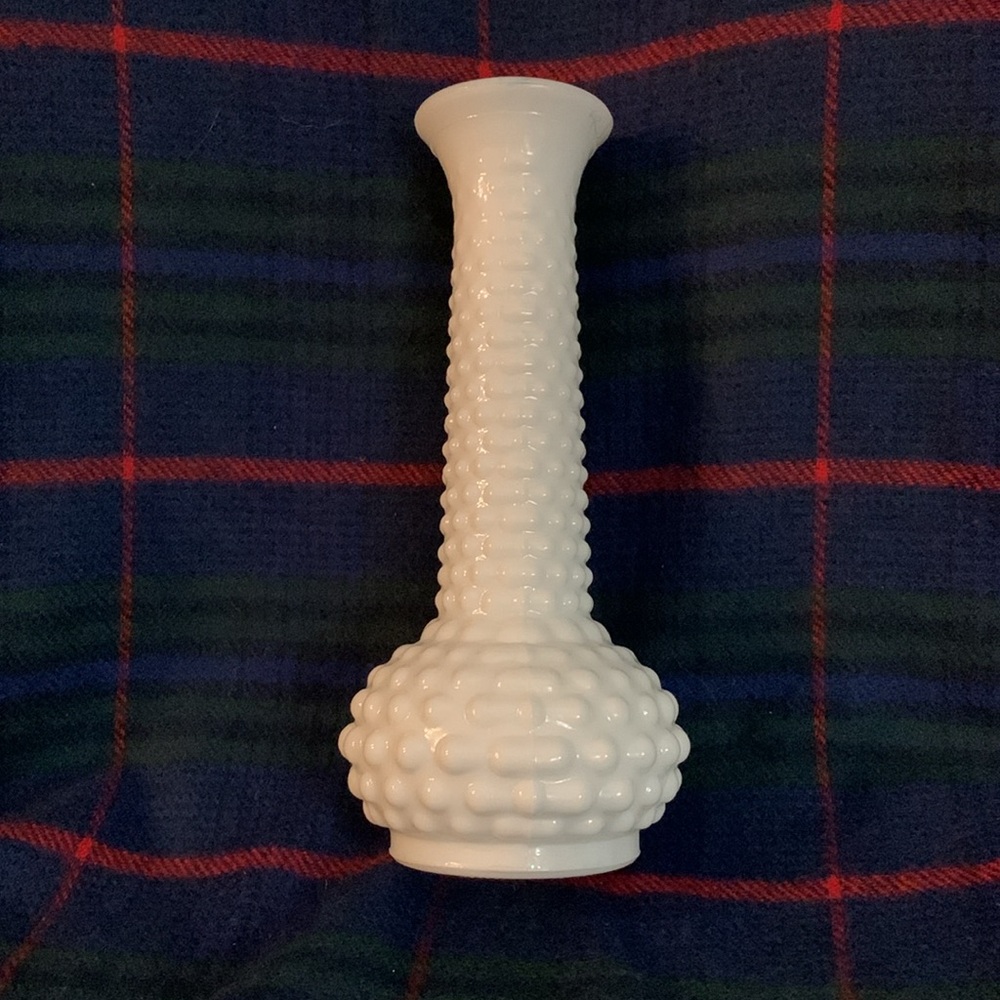 Milk glass bud vase, 8 inches tall.
